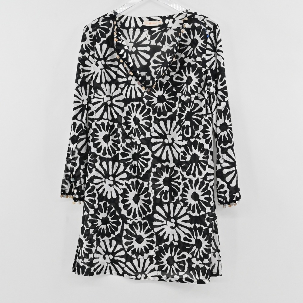 Tory Burch Pomelo Floral Beach Tunic Womens Size M Black White Cotton Sequin